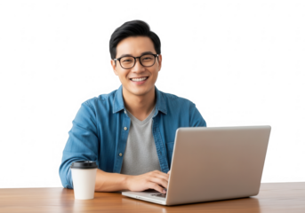 Smiling asian man working on laptop isolated on transparent background, showcasing modern technology and productivity