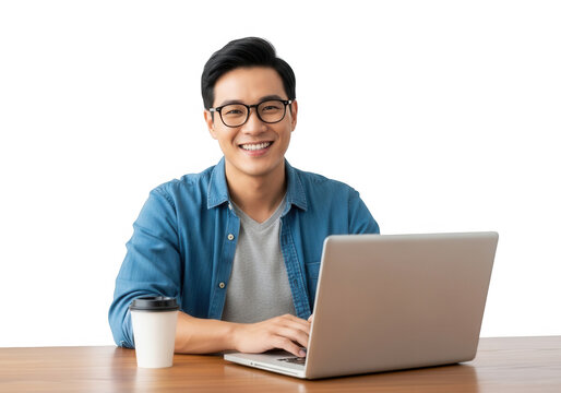 Smiling asian man working on laptop isolated on transparent background, showcasing modern technology and productivity - Powered by Adobe