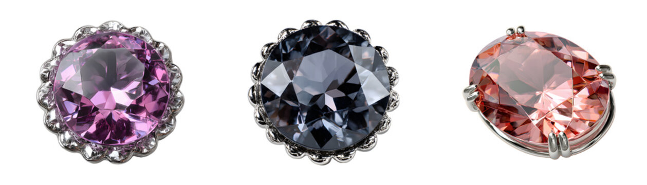 Set of gemstone brooch set with faceted crystals, isolated on transparent background