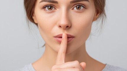 Naklejka premium Elegant woman's gesture for silence finger on lips expressing secrecy and quiet request.