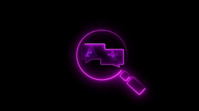 A glowing neon magnifying glass with speech bubbles showing &ldquo;A&rdquo; and a Chinese character, symbolizing translation and multilingual communication.