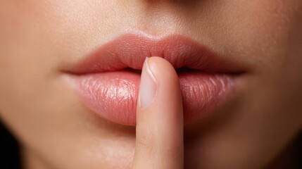 Captivating close up of woman's lips with finger gently pressed signaling silence or secretive gesture.