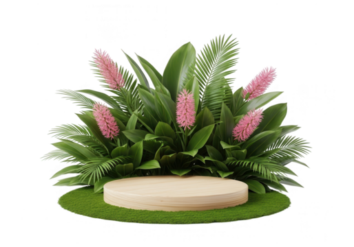 Display podium with pink flowers and green foliage isolated on transparent background