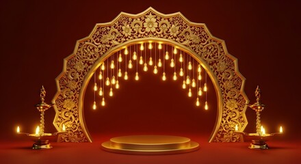 Elegant Indian Wedding Stage Decoration with Golden Accents and Warm Lighting.