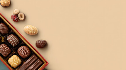 Naklejka premium an assortment of delicious chocolates and nuts beautifully arranged, tempting the senses with their rich flavors and textures.