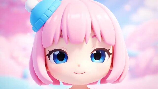 Cute 3D Anime Girl with Pink Hair and Blue Eyes in Soft Pastel World