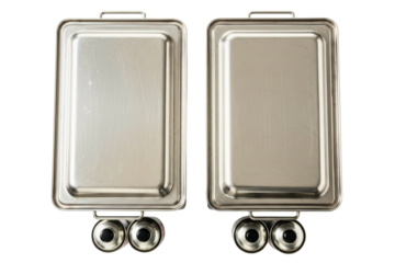 Top view of two stainless steel buffet chafing dish trays isolated on transparent background