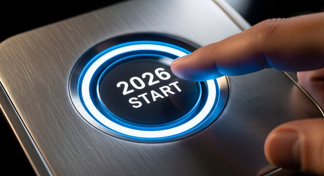 A finger pressing a glowing blue '2026 START' button, symbolizing the beginning of the New Year. - Powered by Adobe