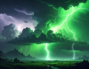 Dramatic, surreal green lightning storm illuminates landscape