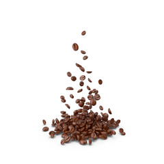 Dark-roasted coffee beans pouring down onto a growing pile, isolated PNG