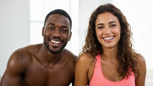 Joyful mixed-race couple smiling and sweating after intense fitness workout, promoting health, confidence, and diversity.