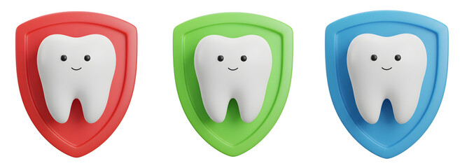 Three cartoon teeth in colorful holders isolated on transparent background