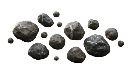Fototapeta premium Collection of varied grey rocks and pebbles isolated on transparent background