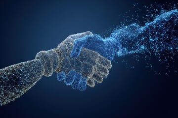 A conceptual image showing two hands shaking over a network of connected lines, symbolizing trust and collaboration between humans and robots in a digital world.