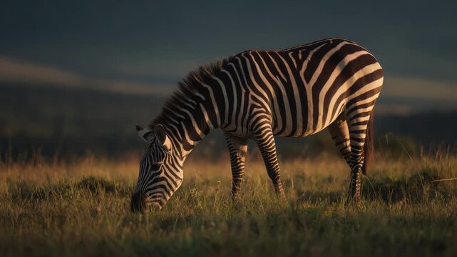 A grazing zebra in a field of tall grass with a backdrop of a blurred dark landscape
