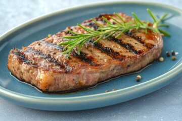 Grilled steak, seasoned with rosemary and pepper, presented on a teal-colored plate.