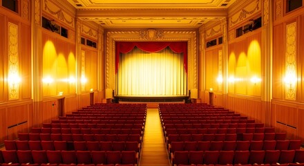 Empty ornate theater with red seats and stage curtains illuminated by warm lights