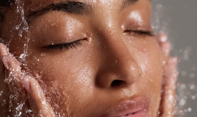 Fototapeta premium Woman washing face with water, refreshing skincare routine.