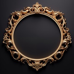 Ornate Circular Golden Frame: Classic Antique Gold Picture Border with Intricate Floral Carvings, Elegant Luxury Element on a Neutral Gray Background.