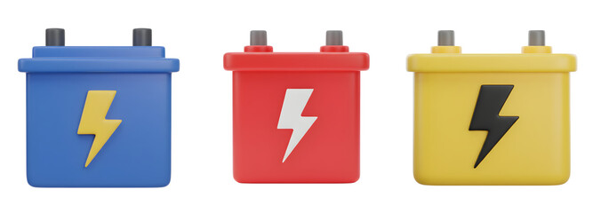 Three colorful car batteries with lightning bolt symbol isolated on transparent background