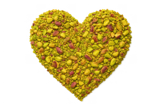 Heart shape created from chopped pistachios, symbolizing healthy eating, vegan food, and love for natural ingredients on transparent background
