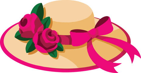 Hat with Pink Ribbon and Rose Flowers Vector Illustration Isolated on White Background, Stylish Summer Fashion Accessory Design for Women and Floral Decoration Concepts