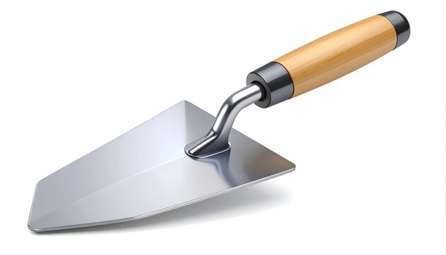 A shiny, new metal trowel with a wooden handle, ready for construction work