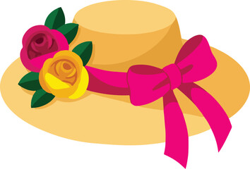 Hat Decorated with Pink Roses and Ribbon Vector Illustration Isolated on White Background, Elegant Summer Fashion Accessory for Women and Floral Design
