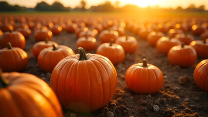 Golden hour on pumpkin patch with abundant harvest ready for fall festivals, Thanksgiving, and Halloween celebrations in a scenic rural setting