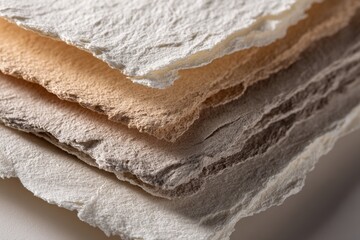 A close-up view of layered handmade paper sheets, displaying various shades of beige and cream, with rough edges and textures.