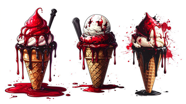 Indulge in a chillingly delicious treat with these spooky ice cream cones, oozing with mysterious red sauce, perfect for Halloween or horror themed designs