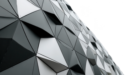 Abstract Architectural Facade Gray and White Triangles Against Black Background, Modern Design