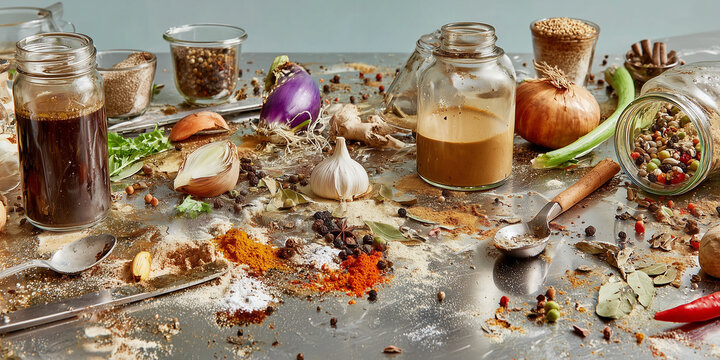 Kitchen countertop with assorted spices and cooking ingredients scattered  