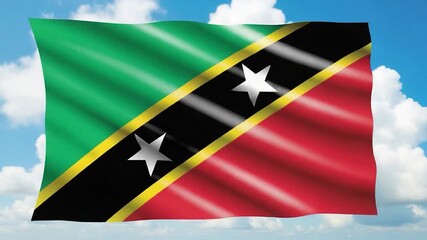 Saint Kitts and Nevis Flag Waving in the Wind with Blue Sky and Clouds.