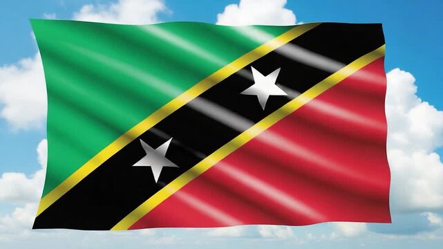 Saint Kitts and Nevis Flag Waving in the Wind with Blue Sky and Clouds.