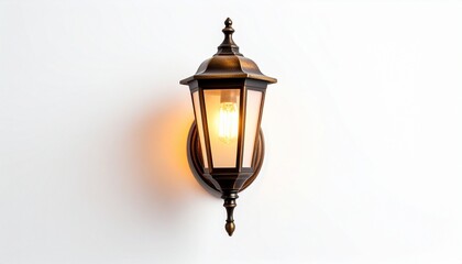 A vintage-style wall-mounted lantern with a bronze cage-like frame and glowing yellow bulb is affixed to a white wall