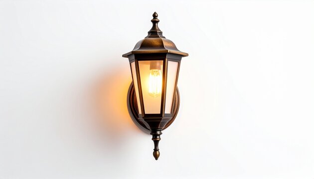 A vintage-style wall-mounted lantern with a bronze cage-like frame and glowing yellow bulb is affixed to a white wall