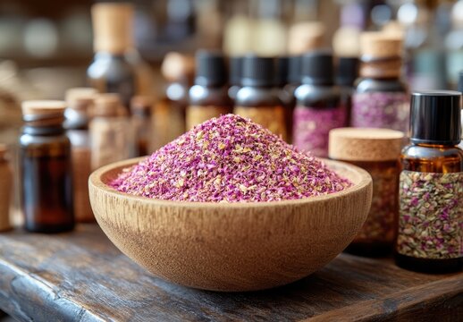 Pink petals in bowl, assorted bottles blurred in background