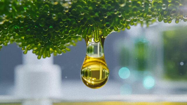 Algae Extract Dripping Into Oil, Ingredient for Cosmetic Production