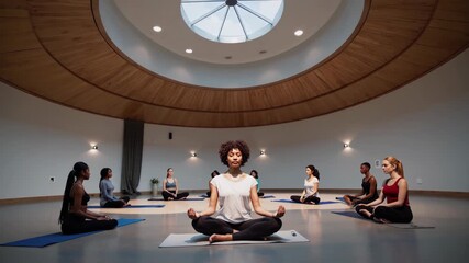 Skylit dome studio meditation group centered around calm facilitator, circular layout, modern architecture, natural light pouring through round skylight, relaxed breathing practice - Powered by Adobe