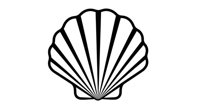 Simple black and white illustration of a single scallop seashell outline