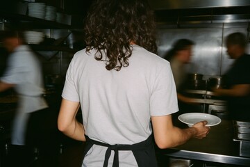Busy kitchen with focused chef