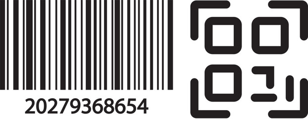 qr code and barcode icons set. payment and identification. Simple digital scanning. mobile phone, barcode, qr code, scan me, scan now, scan here, black and white, minimalist,