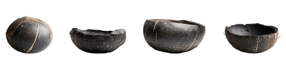 Coconut shell charcoal set on transparent background