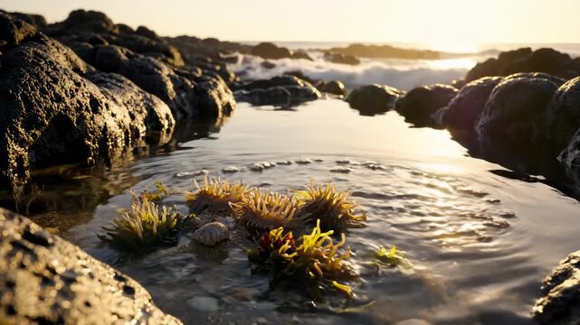 Sea Anemones Living Amongst Rocks at Low Tide in Golden Light