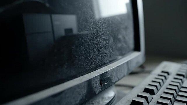 Dusty obsolete computer monitor representing business failure and disappointment in a modern office setting b-roll