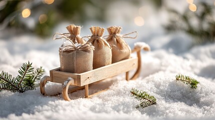 Christmas scene with a small wooden sleigh loaded with three small gift bags, a few pine branches around, and white snow covering the ground.