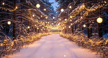 Magical winter forest path illuminated by warm festive fairy lights at dusk