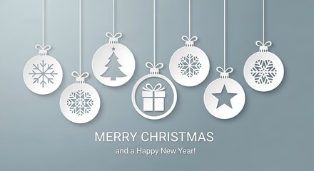 Elegant Christmas ornaments paper cut style with festive icons perfect for holiday greeting cards and seasonal designs