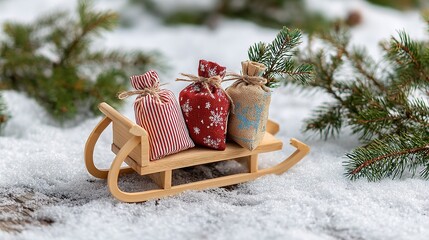 Christmas scene with a small wooden sleigh loaded with three small gift bags, a few pine branches around, and white snow covering the ground.